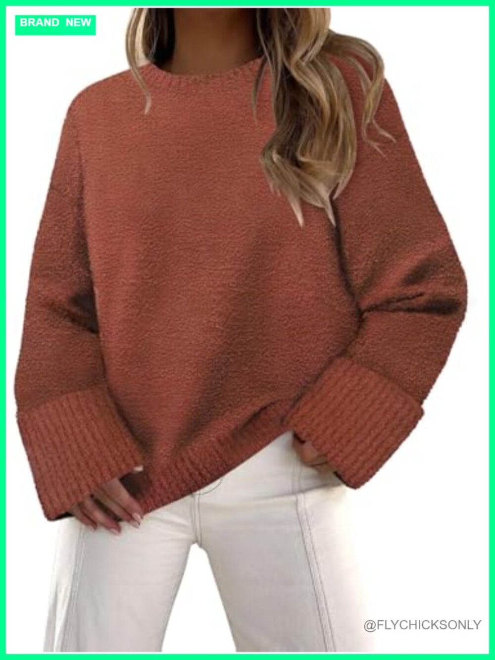 Women's 100% Acrylic Fuzzy Knit Sweater Crewneck Pullover Tunic Top